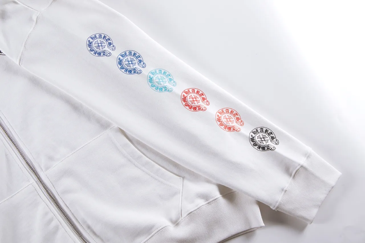 P290 Chrome Hearts Chrome Hearts Rainbow Horseshoe Stamped Cross Cardigan Hooded Sweatshirt Size: S M L XL Color: Black, White